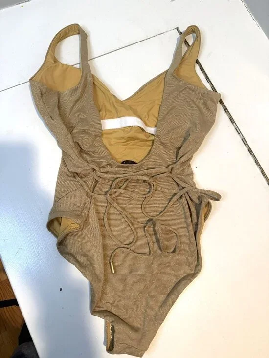 NWT Aqua One Piece Metallic Gold Swimsuit Size Large $166 [jb] - Picture 2 of 6